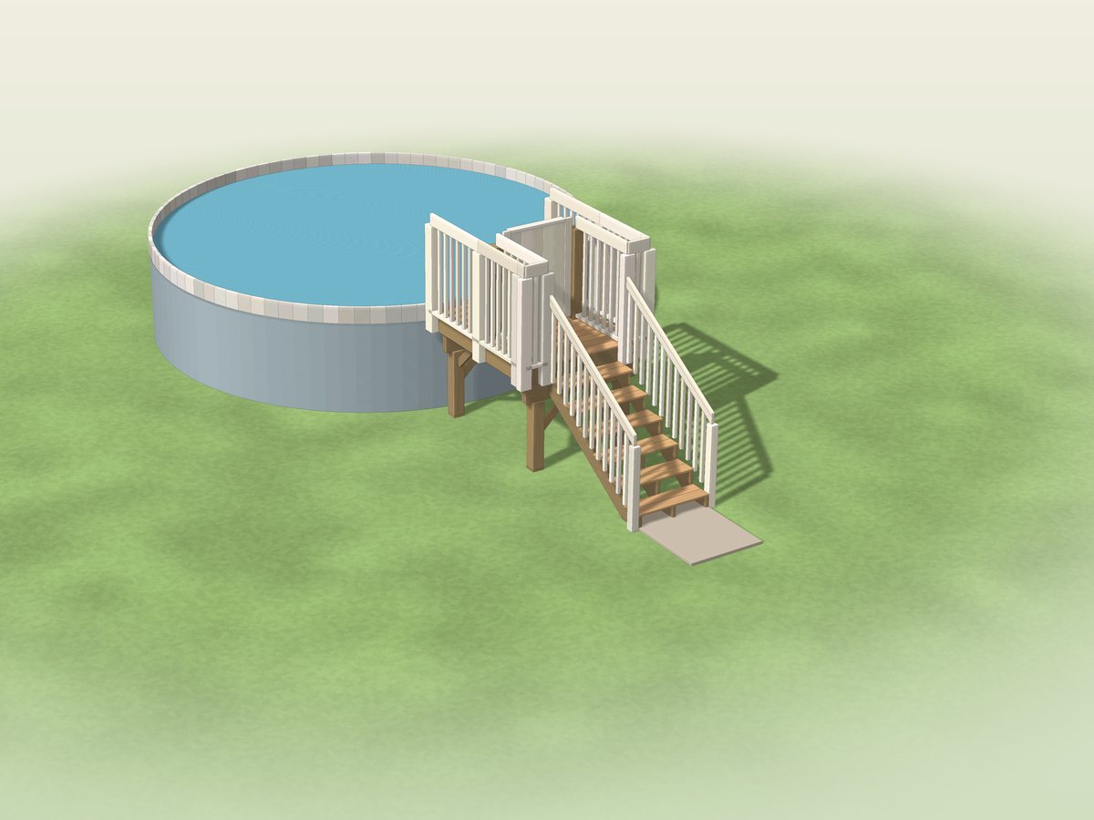 The entry deck with stairs and a gate beside an above ground pool